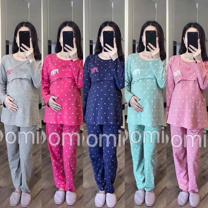 Bộ bầu và cho con bú sau sinh dài tay pink, chất cotton cao cấp cho mẹ bầu mặc nhà có nắp mở cho con bú A008