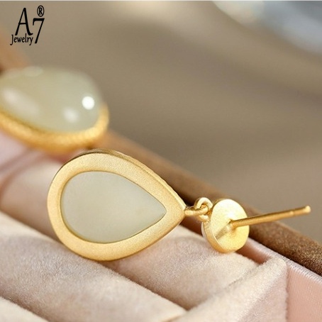 Bông Tai Bạc A7 S925 Đính Đá Ngọc Bích Hình Giọt Nước Thanh Lịch