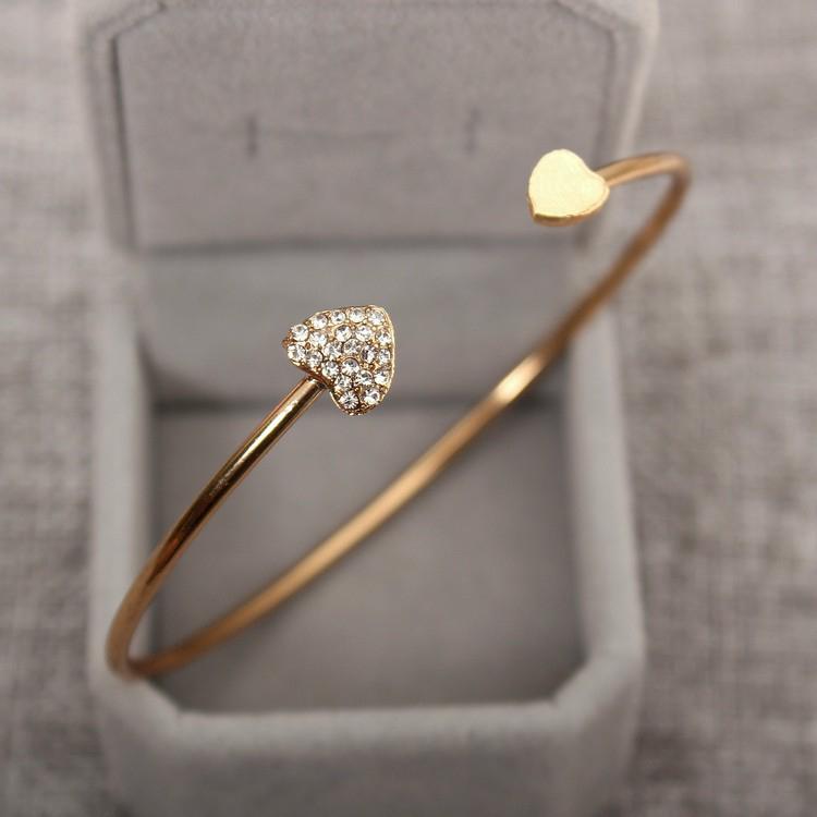 Women Crystal Love Heart Hand Cuff Open Bracelet Gold Silver Bracele Jewelry