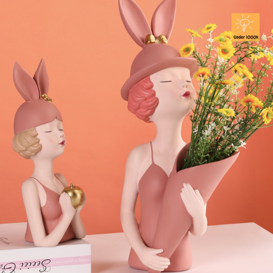 Tượng trang trí - tượng decor - hình cô gái đội mũ tai thỏ cực xinh xắn - màu xanh và hồng