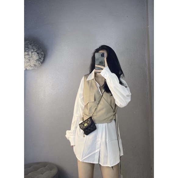 [ SẴN] SET ÁO SƠMI MIX GILE túi nắp nơ eo siêu xinh