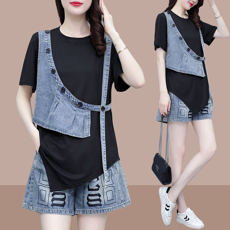 Áo Thun Tay Ngắn Giả Hai Lớp Dáng Rộng Thời Trang Cá Tính Cho Nữ