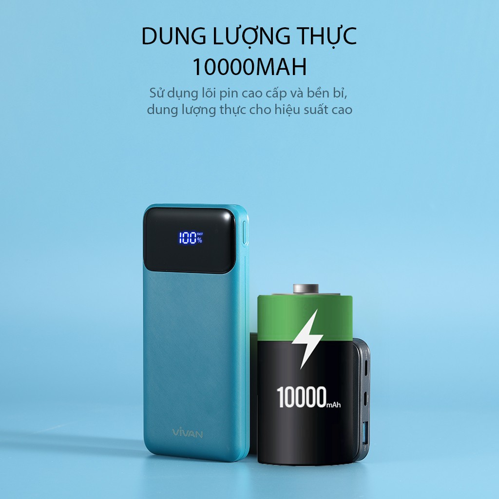 Pin Sạc Dự Phòng Chính Hãng 10000mAh Sạc Nhanh PD/QC 3.0 VIVAN VPB-X10 20W - 2Output Type C &amp; USB