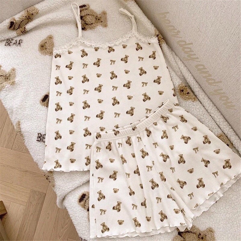Set Bộ gấu 2 dây chất thun lạnh mặc hè bao mát