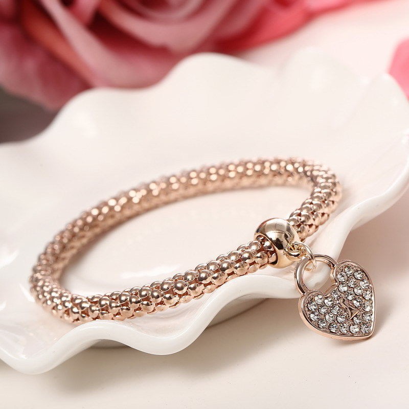 Vòng Tay Co Giãn Mặt Trái Tim Đính Đá Kim Cương Toàn Diện Thanh Lịch Phong Cách Hàn Quốc Cho Nữ