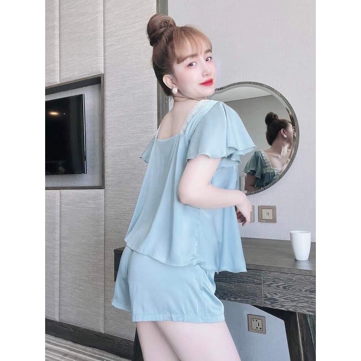 Đồ Bộ Mặc Nhà Nữ quần đùi vải Lụa Satin Phối Ren Freesize dưới 58kg * Đồ ngủ sexy