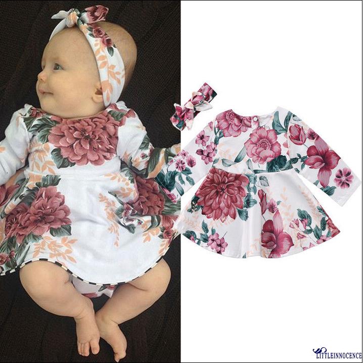 ❤XZQ-Newborn Baby Girls Long Sleeve Floral Dress Headband 2PCS Outfits Kids Clothes