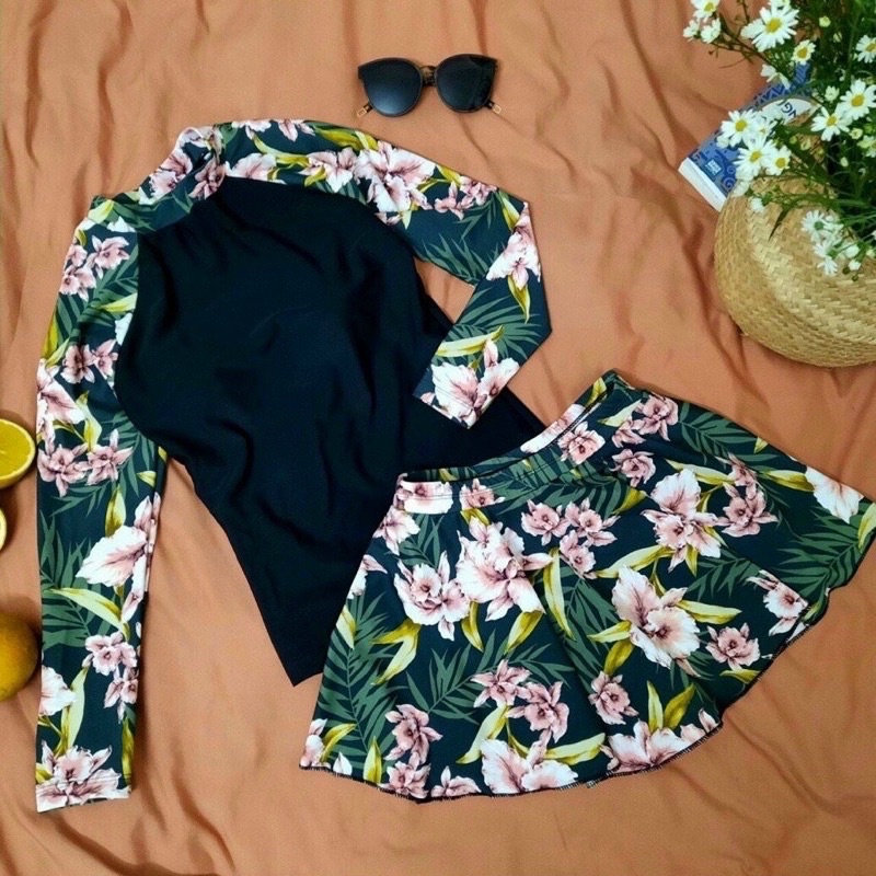 Đồ bơi nữ tay dài kín đáo thun lạnh hoa lá- Bikini đi biển có tay chống nắng váy xoè- shopnabi