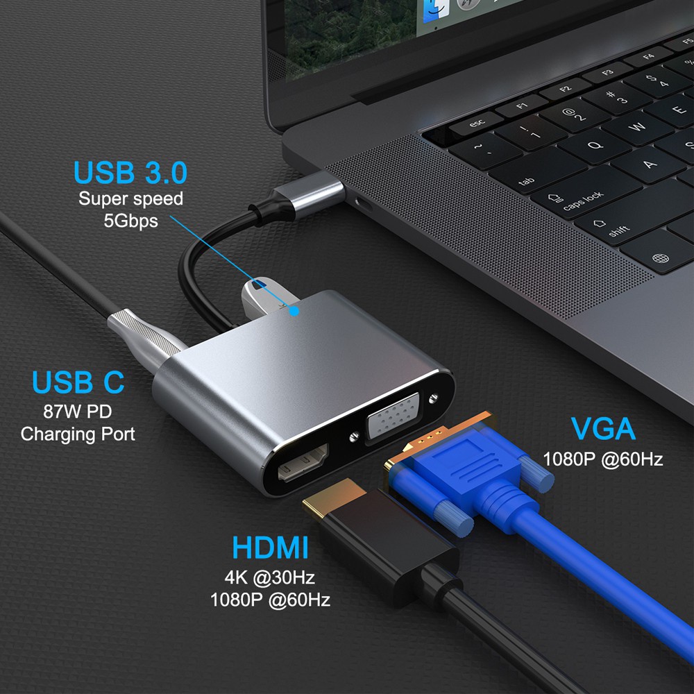 Bộ Chuyển Đổi Type-C 3.1 Sang Hd 4k Hdmi + Vga + Usb3.0 + Pd Hub Usb-C Cho Macbook Series