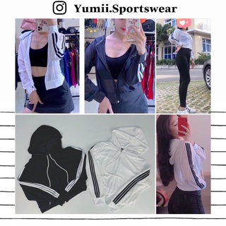 [ Yumii ] Áo Khoác Thể Thao Tập Gym Yoga Nữ - Áo Khoác Thể Thao Lưới Mè Mặc Ngoài Dáng Croptop Phối 3 Sọc, Chất Lưới Mềm
