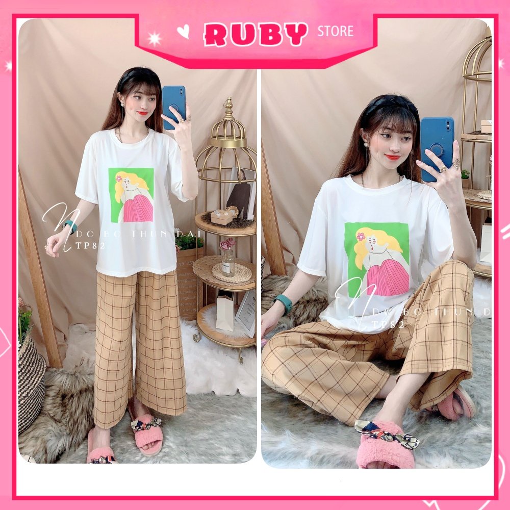 Đồ bộ ống rộng phối sọc kẻ cho nữ chất vải mềm mát lưng thun co giãn in họa tiết hoạt hình dễ thương TP82