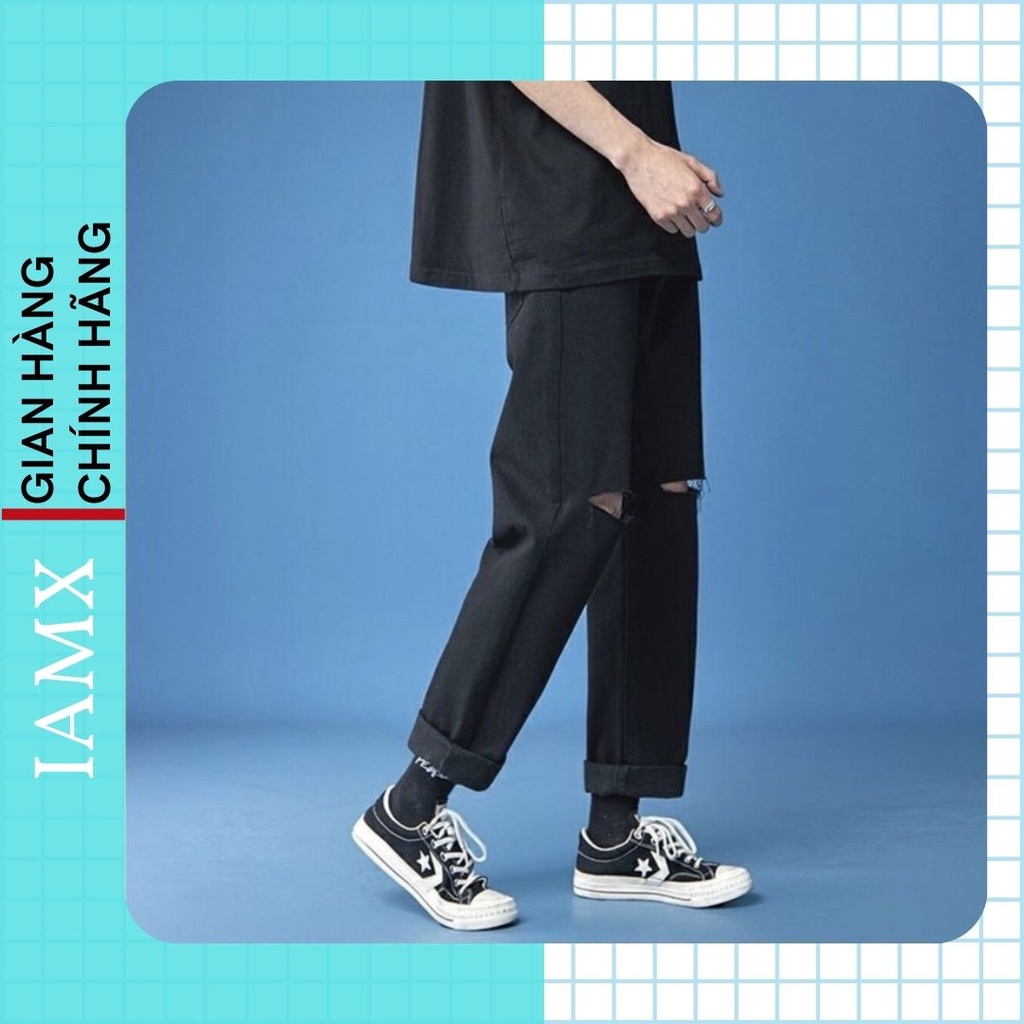 Quần jean nam đen rách gối, quần bò rách Baggy ống suông, rộng dáng đứng style Hàn Quốc