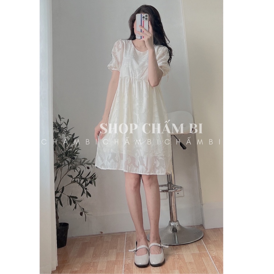 Váy babydoll ngọt ngào V.097, Váy kiểu nữ cổ tròn thắt dây nơ họa tiết ren 2 lớp màu be cực xinh - Thời trang nữ Chấm Bi | BigBuy360 - bigbuy360.vn