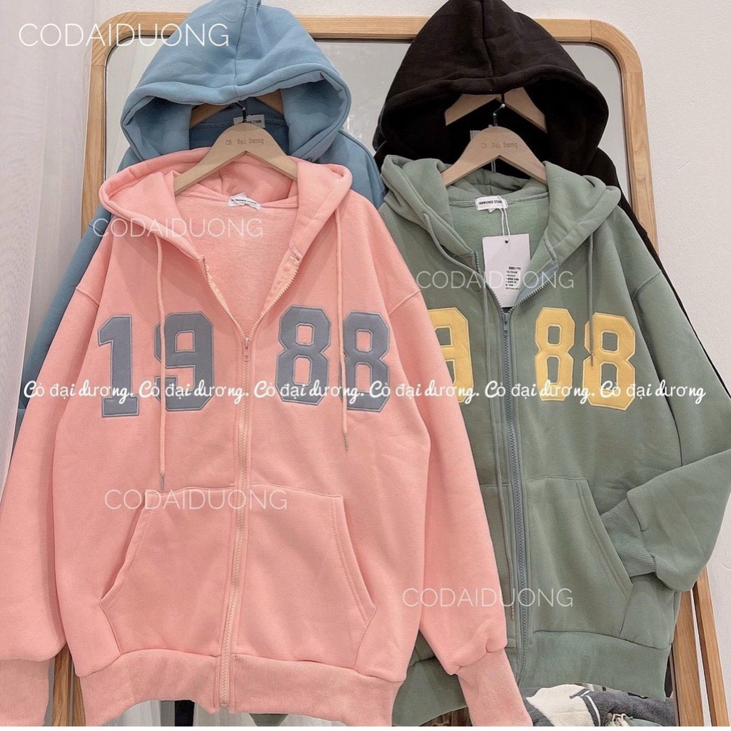 Áo Khoác Hoodie Kiểu Zip Kéo 1988 Phối Nón Rộng Che Nắng Giữ Nhiệt Đa Năng Thiết Kế Đơn Giản Tinh Tế Siêu Đẹp