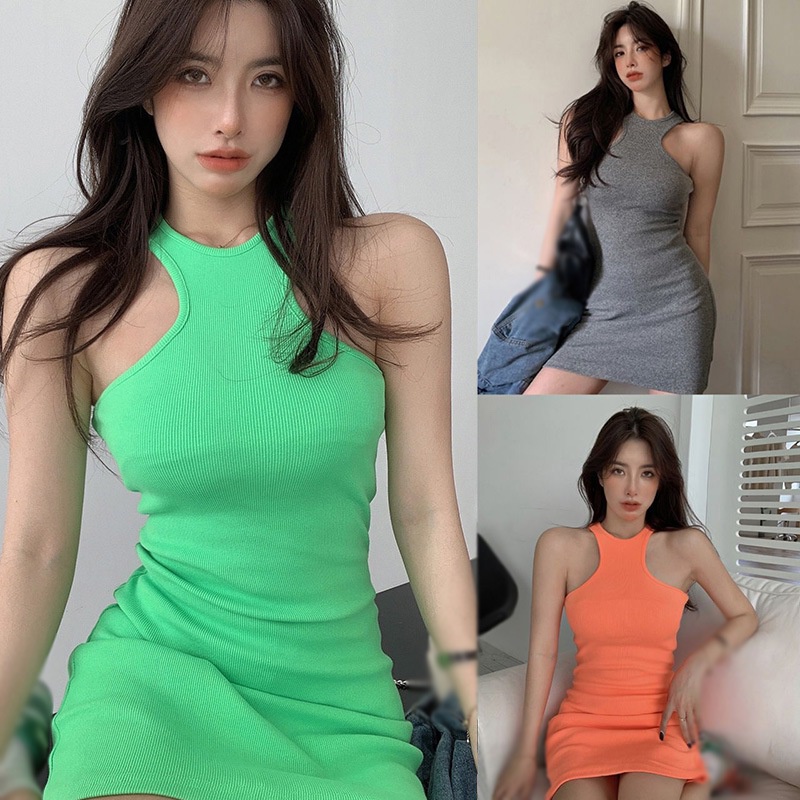 Váy không tay ôm sát cổ chữ O của phụ nữ Váy liền màu Trang phục thường ngày mùa hè