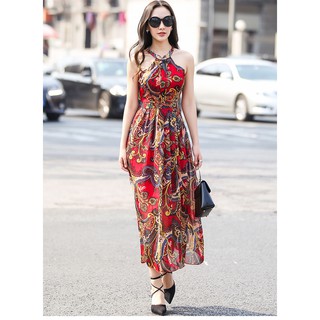 Đầm maxi dài hoa văn cổ yếm thời trang .