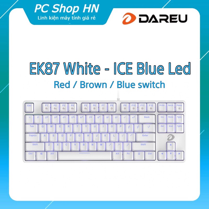 Bàn phím cơ Gaming DAREU EK87 WHITE (ICE-BLUE LED, Blue/ Brown/ Red D switch)