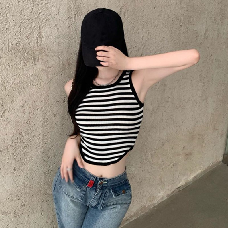 Áo Hai Dây Dệt Kim Dáng Ôm Họa Tiết Kẻ Sọc Thời Trang Quyến Rũ Cho Nữ