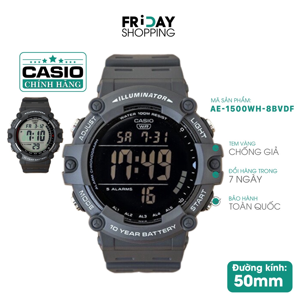 Đồng hồ nam điện tử Casio đeo tay mặt tròn dây cao su thể thao màu đen to AE-1500WH chính hãng Fridayshopping