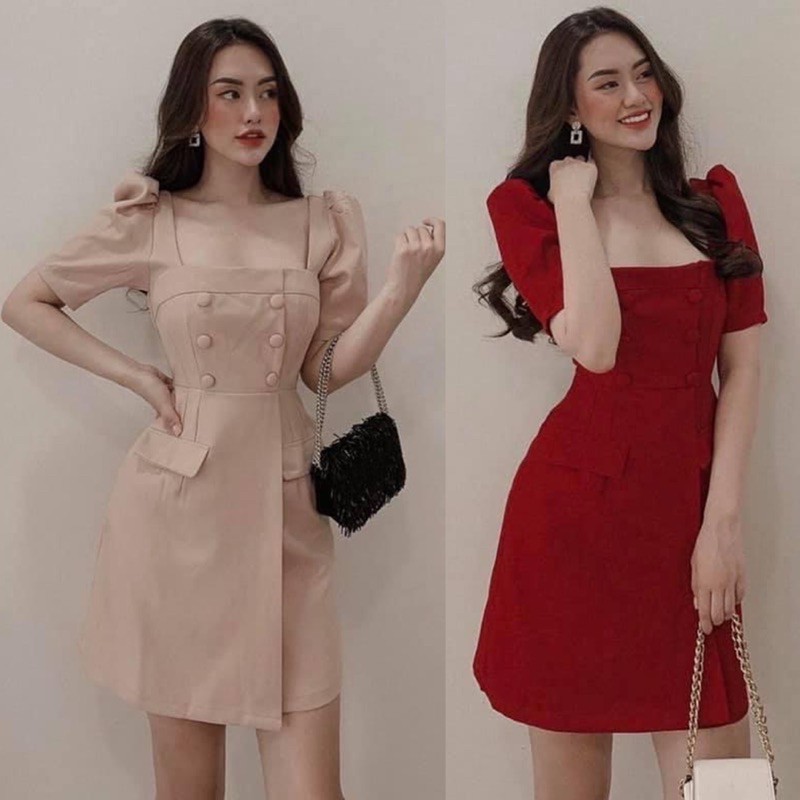 Đầm cổ vuông tay phồng nút bọc