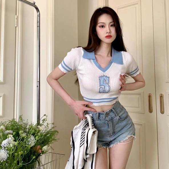 Áo kiểu ZHELIHANGFEI vải dệt kim ngắn tay ôm dáng gợi cảm dành cho nữ