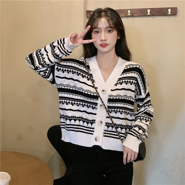 Áo cardigan dệt kim cổ chữ V tay dài họa tiết kẻ sọc trẻ trung cho nữ Unique