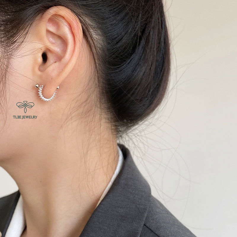 Khuyên tai bạc unisex cong nạm đá chốt vặn thẳng TleeJewelry B0149
