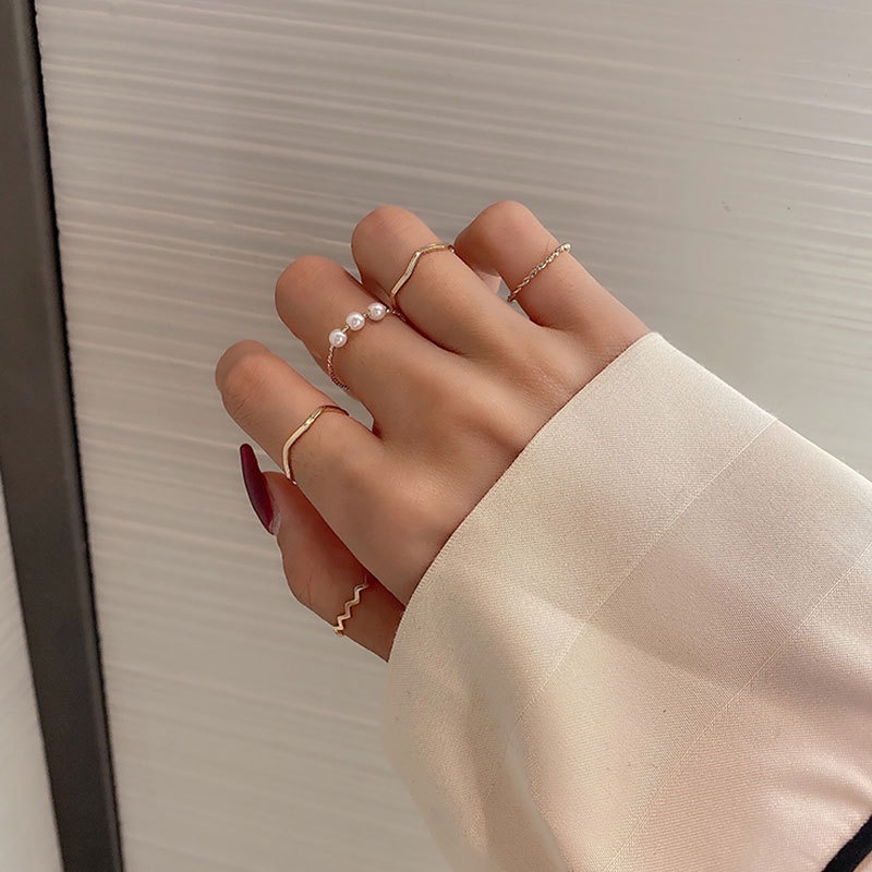 Set 5 nhẫn mạ vàng đính ngọc trai nhân tạo cá tính hiện đại - Mely 1483