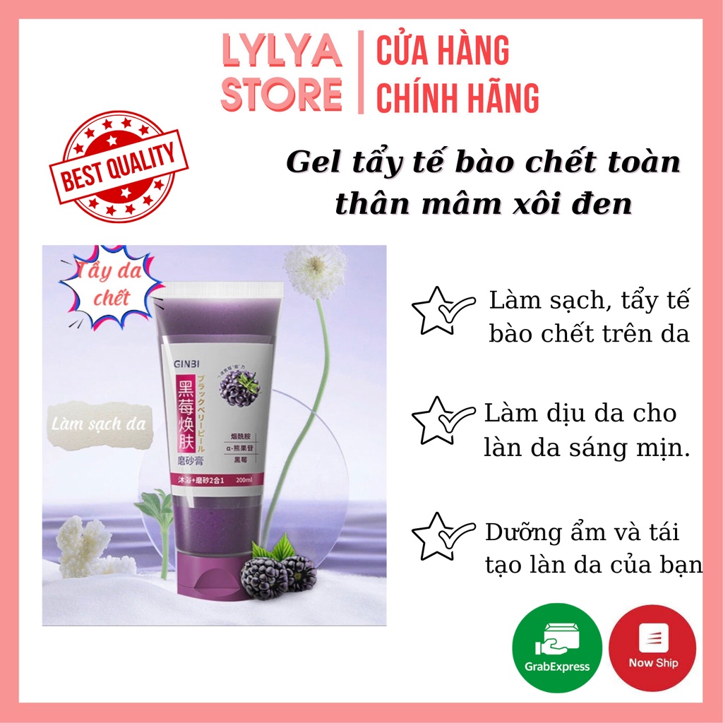 Gel tẩy tế bào chết toàn thân Mâm Xôi Đen, kem tẩy da chết Chiết Xuất Mâm Xôi Đen Dưỡng Trắng Da An Toàn, Hiệu Quả Lylya