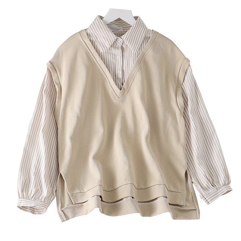 IELGYÁo sweater Tay Dài Dáng Rộng Giả Hai Lớp Phối Họa Tiết Kẻ Sọc Thời Trang Cho Nữ