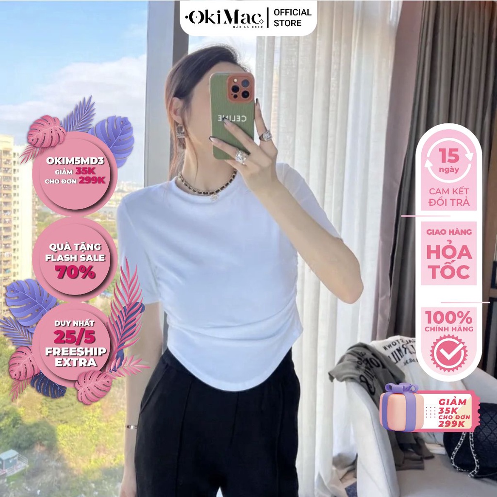 Áo thun nữ cổ tròn ngắn tay vạt bầu kiểu ôm body bo eo thun vải cotton cực mát phong cách ulzzang thời trang nữ OKIMAC
