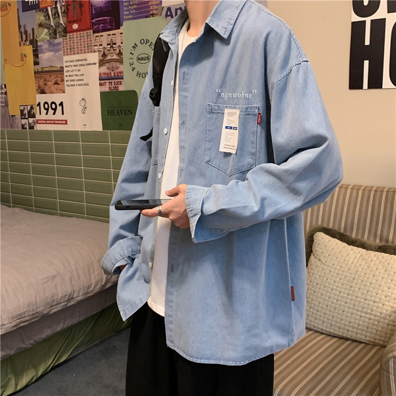 Áo sơ mi khoác ngoài vải denim tay dài thời trang đường phố mùa xuân hè thường ngày dành cho nam