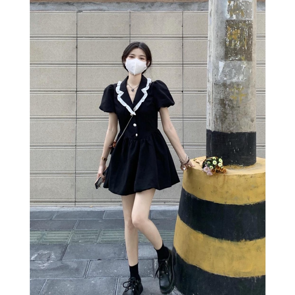 Váy dự tiệc Babydoll kiểu dáng tiểu thư GUU cổ bèo cúc ngọc tay lỡ tay bồng kiểu dáng Ulzzang