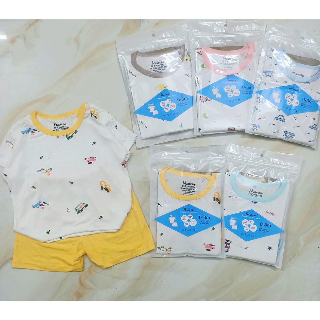 Bộ cộc tay Avaler thun lạnh cực thoáng mát thấm mồ hôi có nút cài vai họa tiết đáng yêu cho trẻ sơ sinh dễ mặc túi zip