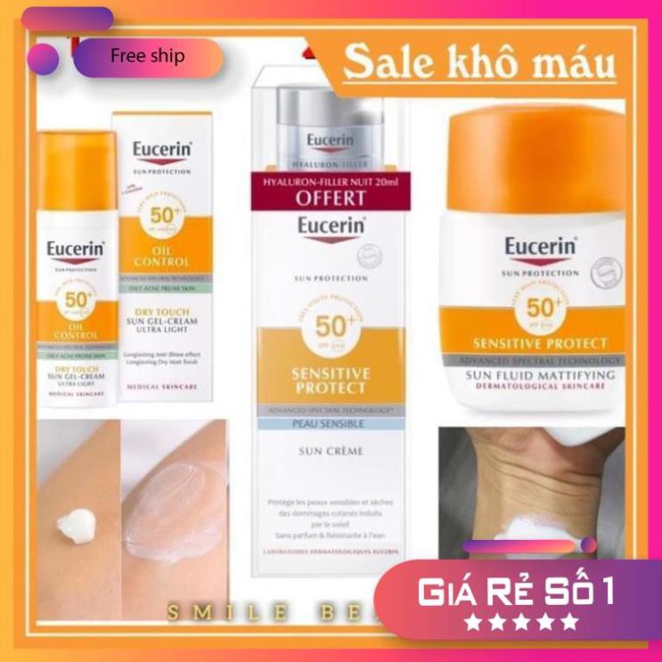 (Nội điaj Pháp))Kem chống nắng Eucerin oil control  và Sensitive Protect Fluid 50ml [SĂN SALE]