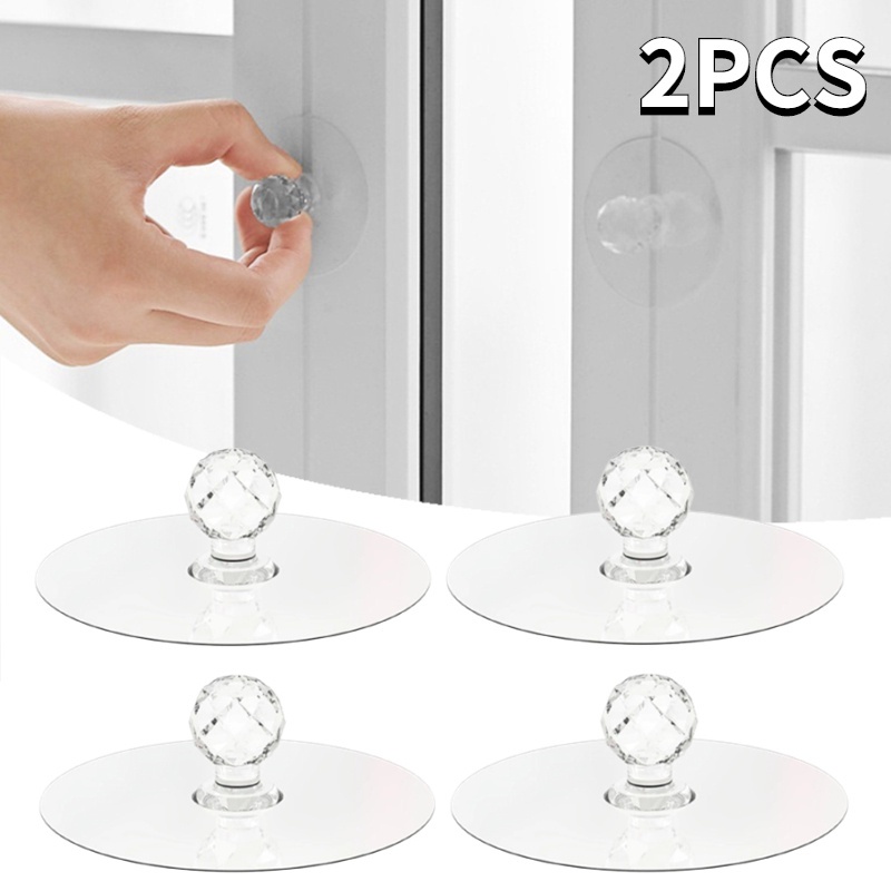 Set 2 Tay Nắm Cửa Tủ / Ngăn Kéo Tủ Bằng Acrylic Trong Suốt Hình Viên Kim Cương Tự Dính Không Đục Lỗ