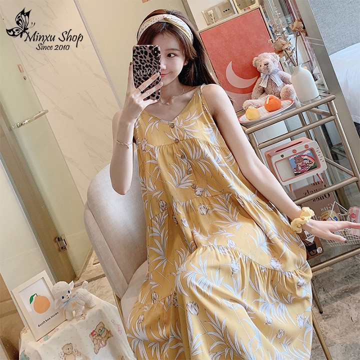 Đầm Ngủ Hai Dây Cao Cấp Minxu Shop, Váy Mặc Nhà Vải Lanh Mát Lịm, Giả Cúc Ngực Quyến Rũ Freesize 45-75kg (VL122)
