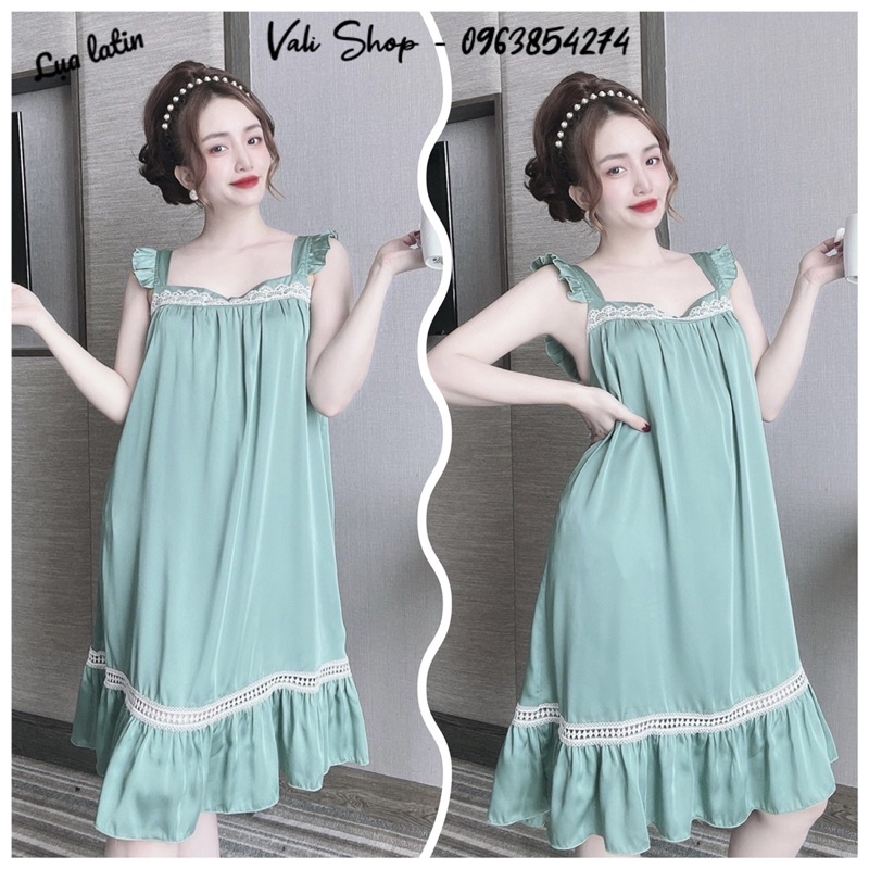 Váy ngủ mặc nhà lụa latin phối ren đuôi cá xoè freesize 42-57kg