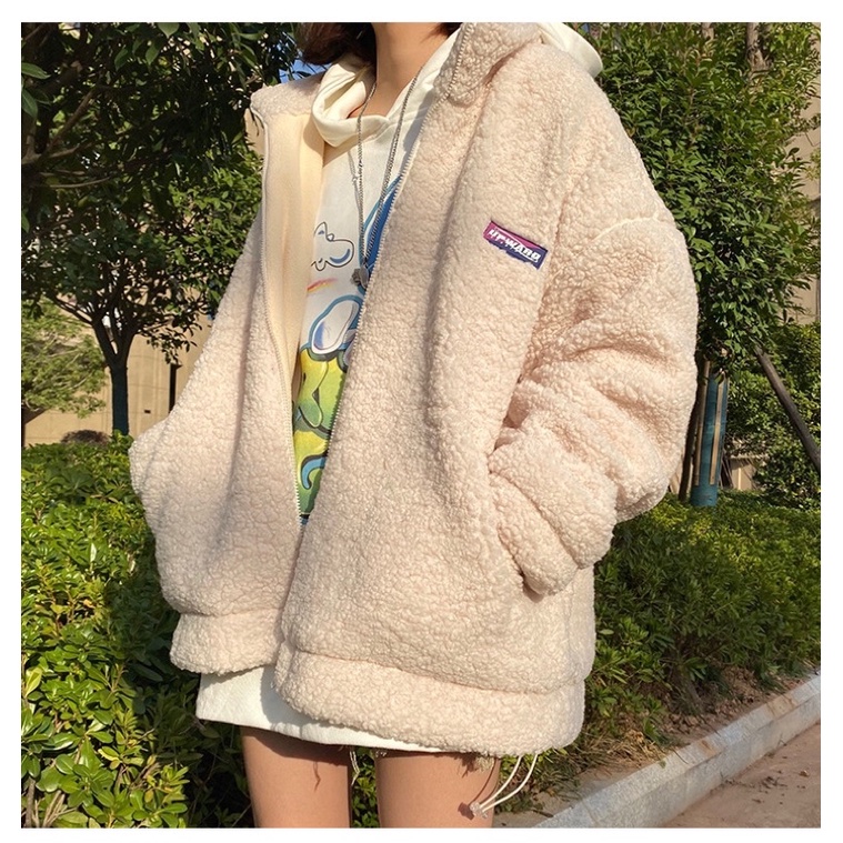 Áo Khoác Bomber Lông Hoodie Khóa Kéo Dài Tay Đen Trắng Dáng Rộng Nam Nữ
