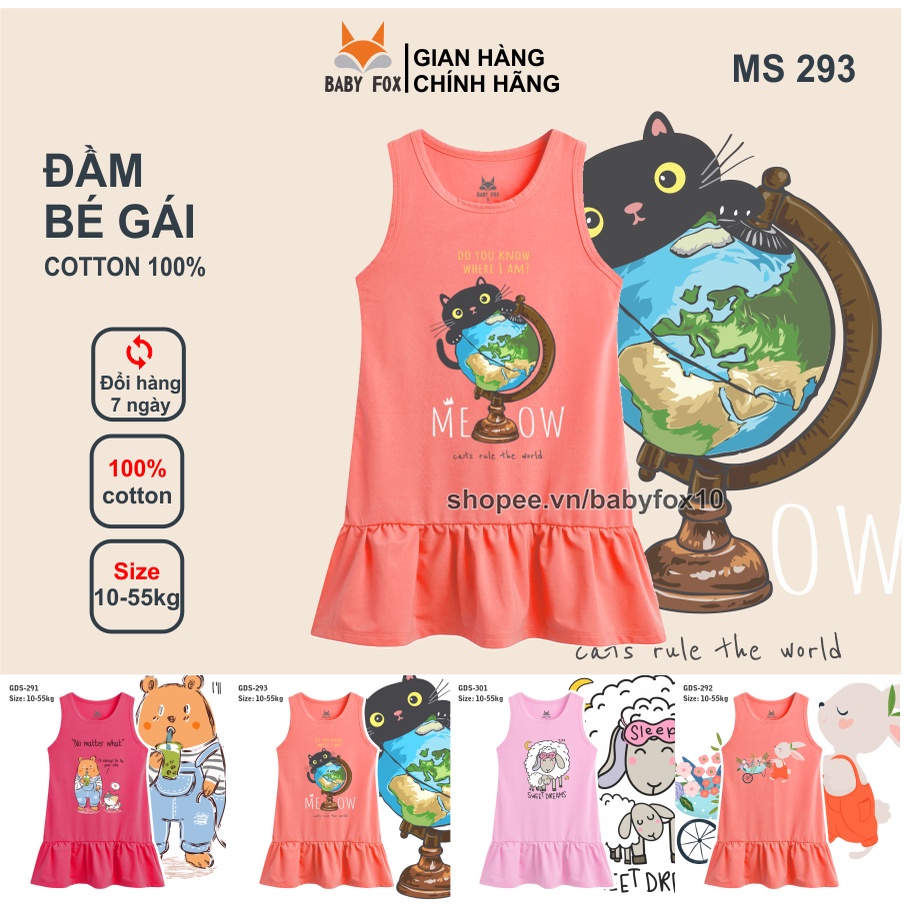 Đầm bé gái size nhỏ, trung, đại 100% cotton cao cấp, thương hiệu BABY FOX, hình mèo, thỏ đáng yêu g