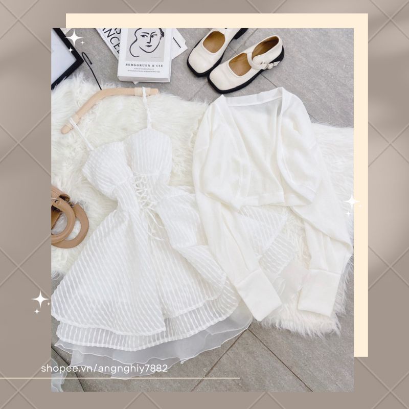 Set váy nữ trắng 2 dây 3 lớp xoè dây rút xinh xắn + áo khoác tay dài đi tiệc dạo phố dễ thương sang chảnh