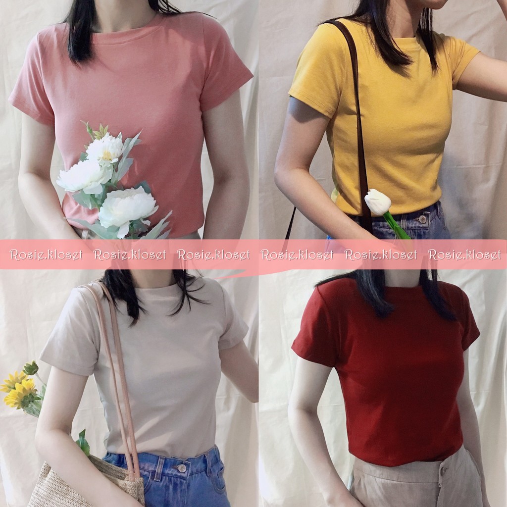 [Rosie.kloset] Áo thun basic dáng ôm 4 màu chất cotton mềm mịn co giãn thấm hút mồ hôi, áo phông nữ dáng ôm  |ẢNH THẬT|