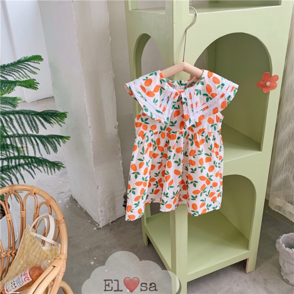 Váy bé gái - Váy họa tiết cam chanh cổ vạt siêu xinh cho bé 1-5 Tuổi