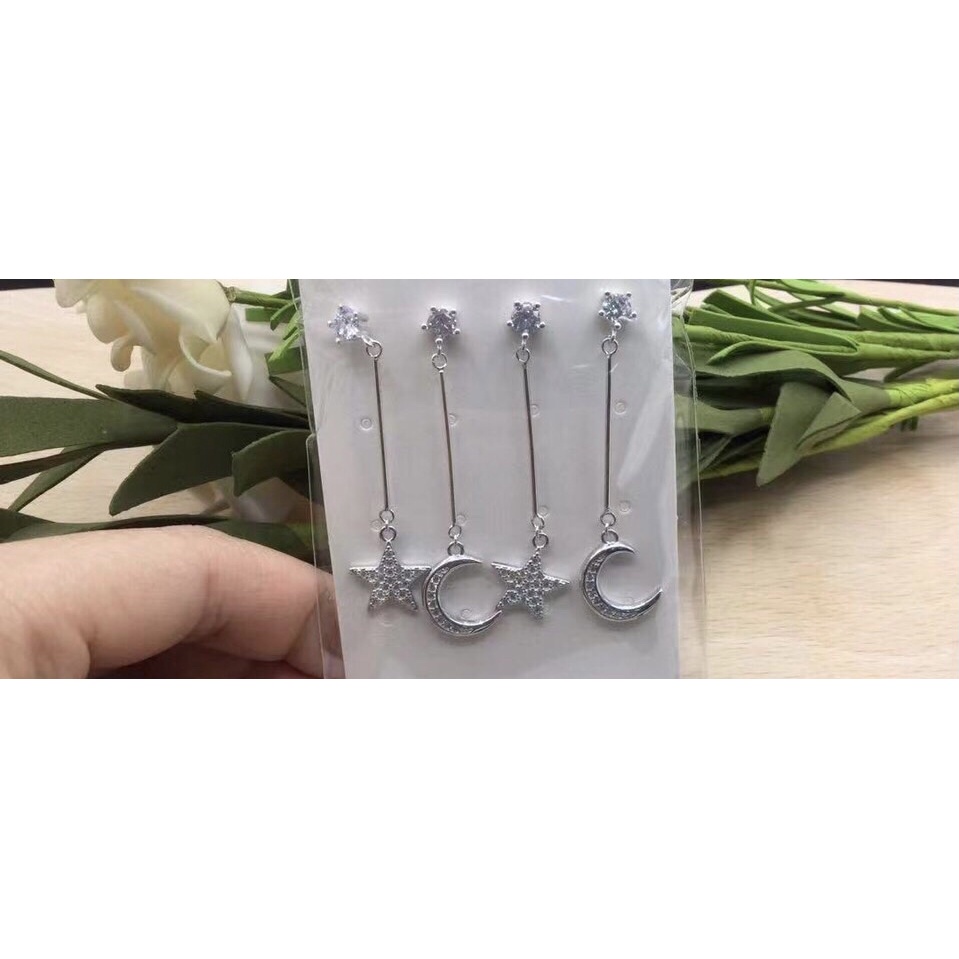 Khuyên tai nụ đá nhân tạo 4li treo trăng sao bạc ta