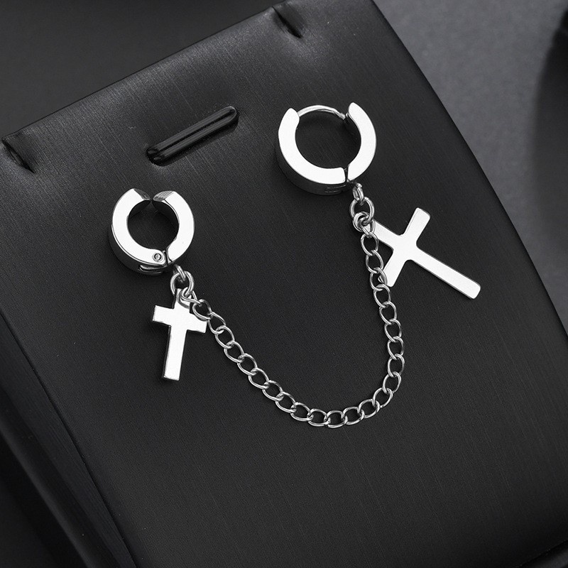 Khuyên Tai Nam Unisex Tròn Kẹp Vành 2T Eardrop Hình Chữ Thập Cá Tính Chất SAZ Màu Bạc Đẹp Titan - 2T Eardrop