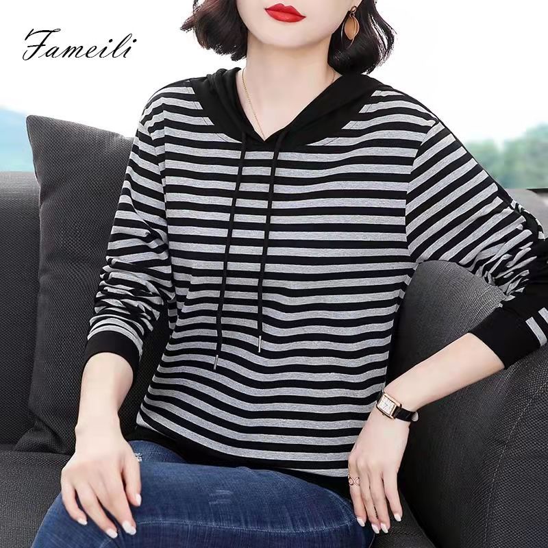 [Chất Lượng Cao] Áo Thun cotton Tay Dài Dáng Rộng Kẻ Sọc Có Mũ Trùm Đầu Phong Cách Nước Ngoài Mới