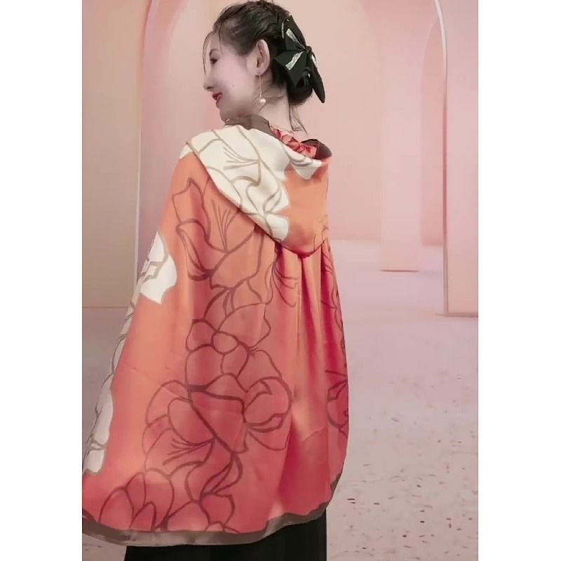 Áo choàng chống nắng có mũ trùm đầu cổ sen bằng thun lạnh họa tiết hoa trà màu cam thời trang
