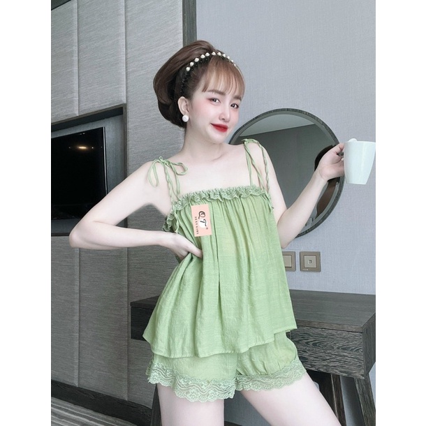 Đồ ngủ sexy nữ 2 dây - bộ ngủ hai dây - set ngủ lụa tơ gân quần phối ren của Sam với chất liệu lụa tơ gân mỏng mát