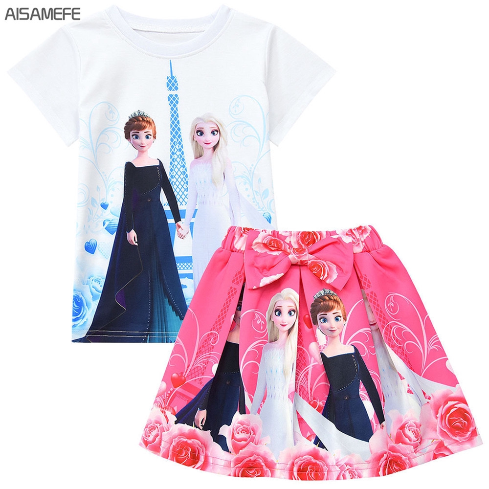 Bộ Đồ 2 Món Áo Thun + Chân Váy Ngắn Xếp Ly In Hình Công Chúa Anna Phim Frozen Thời Trang Cho Bé Gái