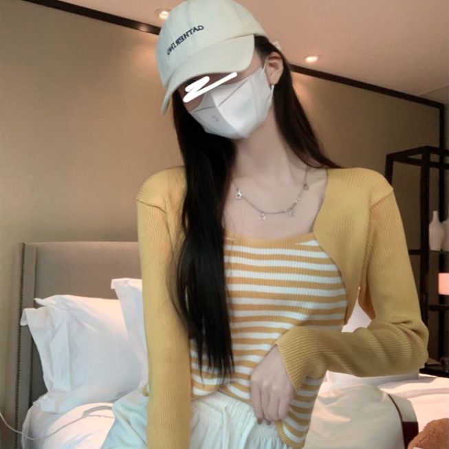 Áo dệt kim ZHELIHANGFEI giả hai lớp tay dài phối họa tiết sọc eo cao gợi cảm dễ phối đồ